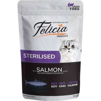 ჟელე Felicia ორაგულის დაკონსერვებული საკვები სტერილიზირებული კატებისათვის 85გრ (ყუთში 12 ცალი)